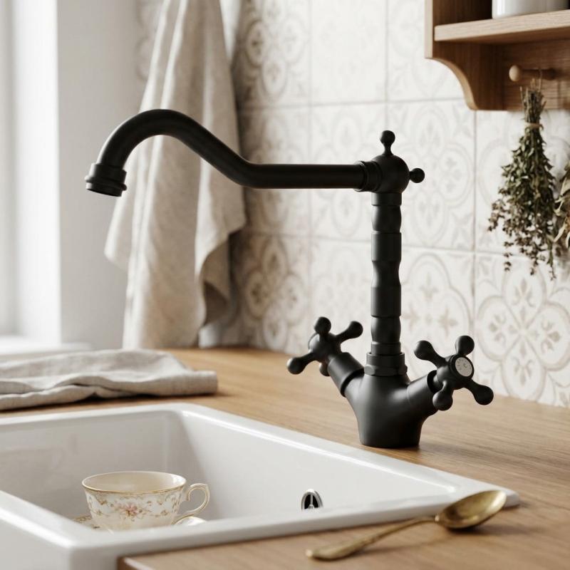 Aquanello Heritage Ascot Klassieke Keuken Nostalgische Keukenkraan Zwart met Haakse Uitloоp BL-4002-HA